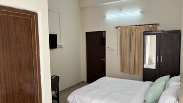 Un dormitorio con cama, armario, televisor y puerta.