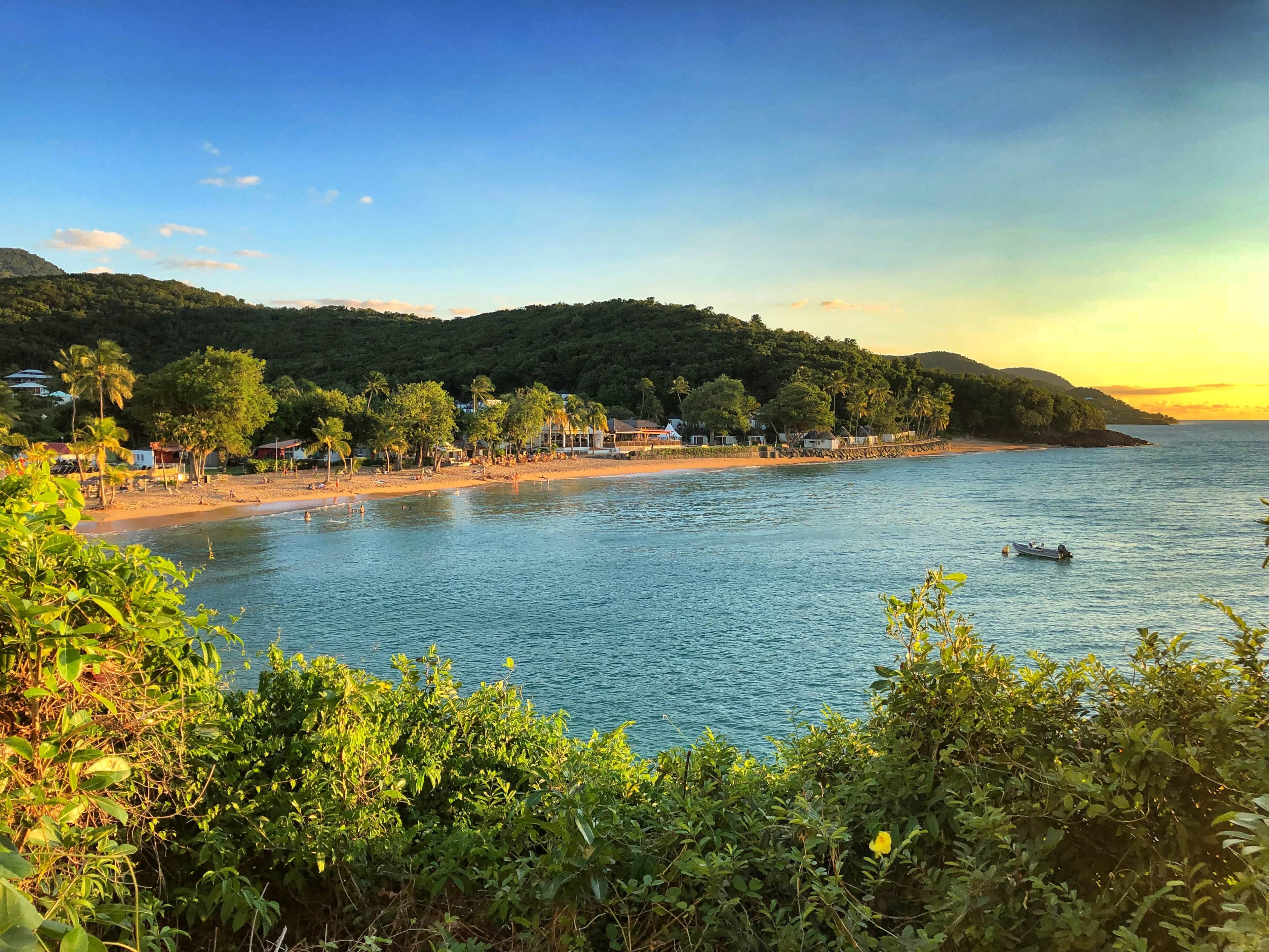A coastal beach with a row of houses along the shore, a boat on the water, and dense greenery in the foreground.
