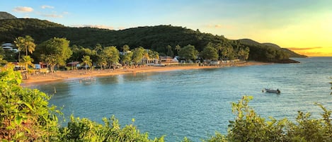 A coastal beach with a row of houses along the shore, a boat on the water, and dense greenery in the foreground.