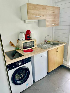 A compact kitchen with a washing machine, a microwave, a toaster, and a sink. - Duplex Papaye Deshaies. Sea view. Swimming pool (Deshaies)