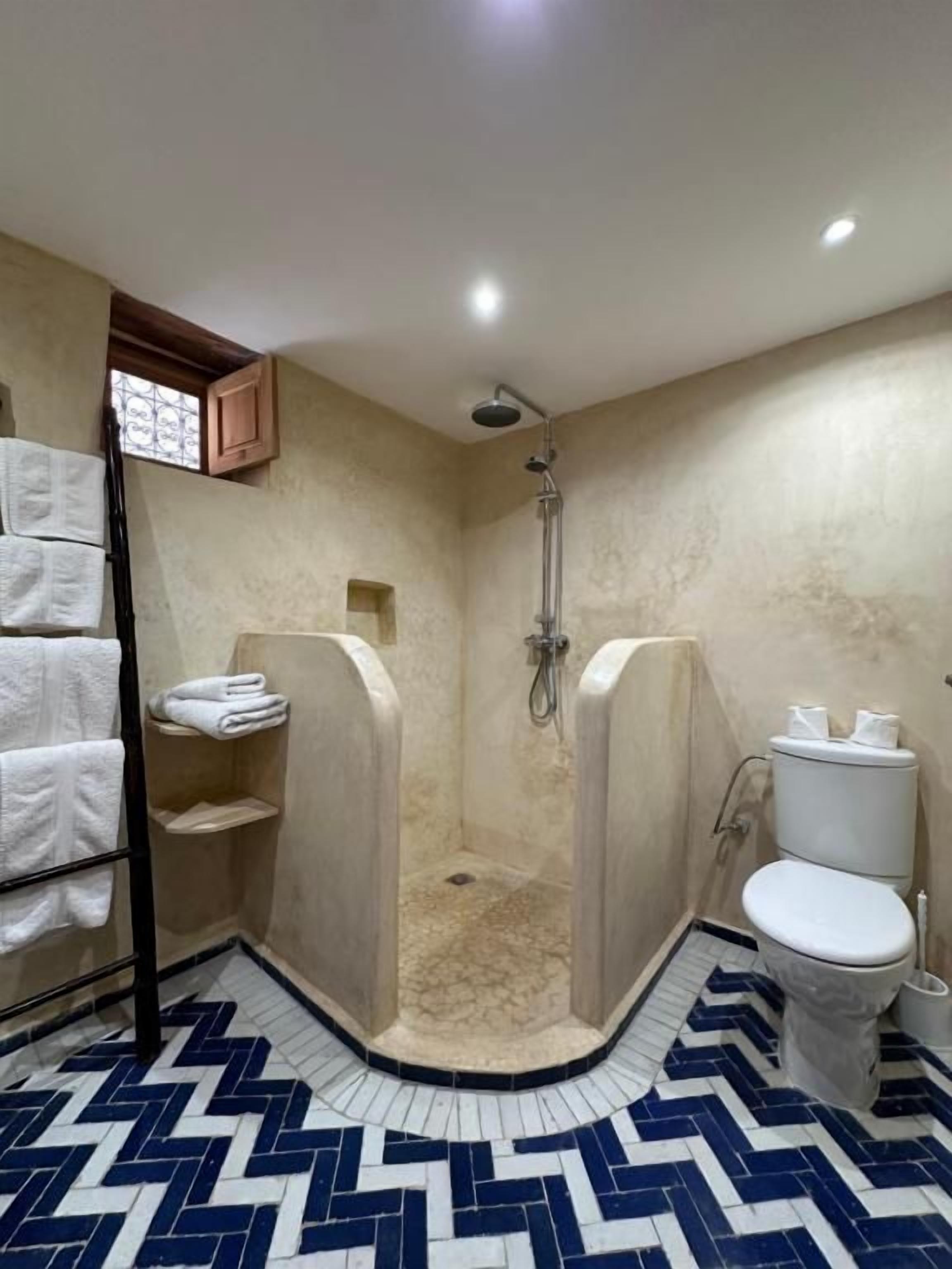 A bathroom with a shower, toilet, and towel rack.