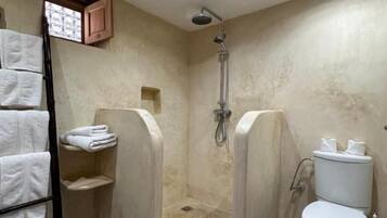 A bathroom with a shower, toilet, and towel rack.