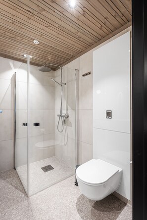 A modern bathroom with a glass-enclosed shower, a white toilet, and a wooden ceiling. - Alpelia Ski-in Ski-out apartment in Hemsedal (Hemsedal)