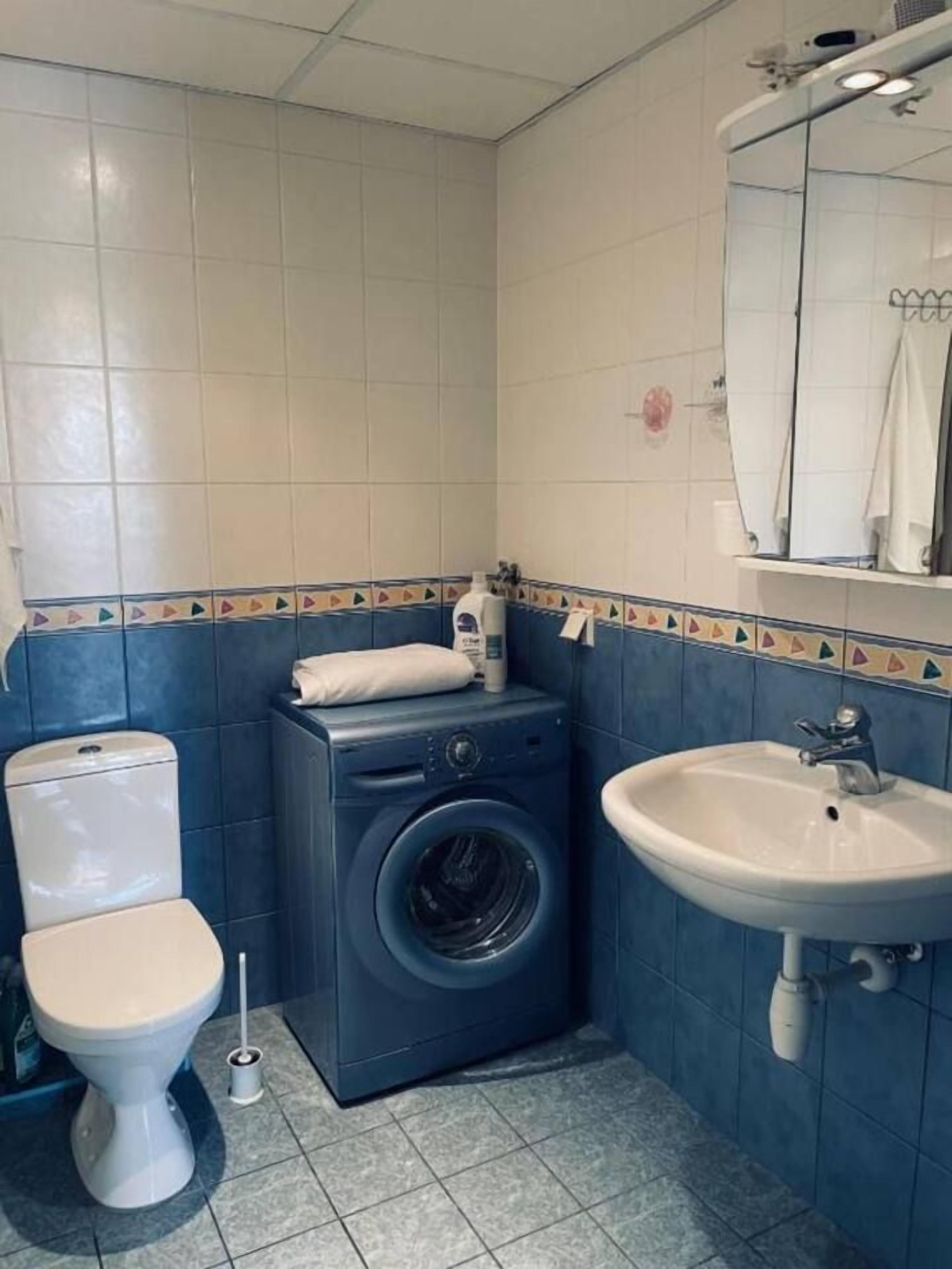 Un baño pequeño con inodoro, lavadora y lavabo.