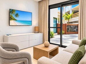A modern living room with a large TV, a sofa, a coffee table, and a view of a balcony with plants and a building. - Walishali Condo 104 Stunning Community by Bocobay (Noord)