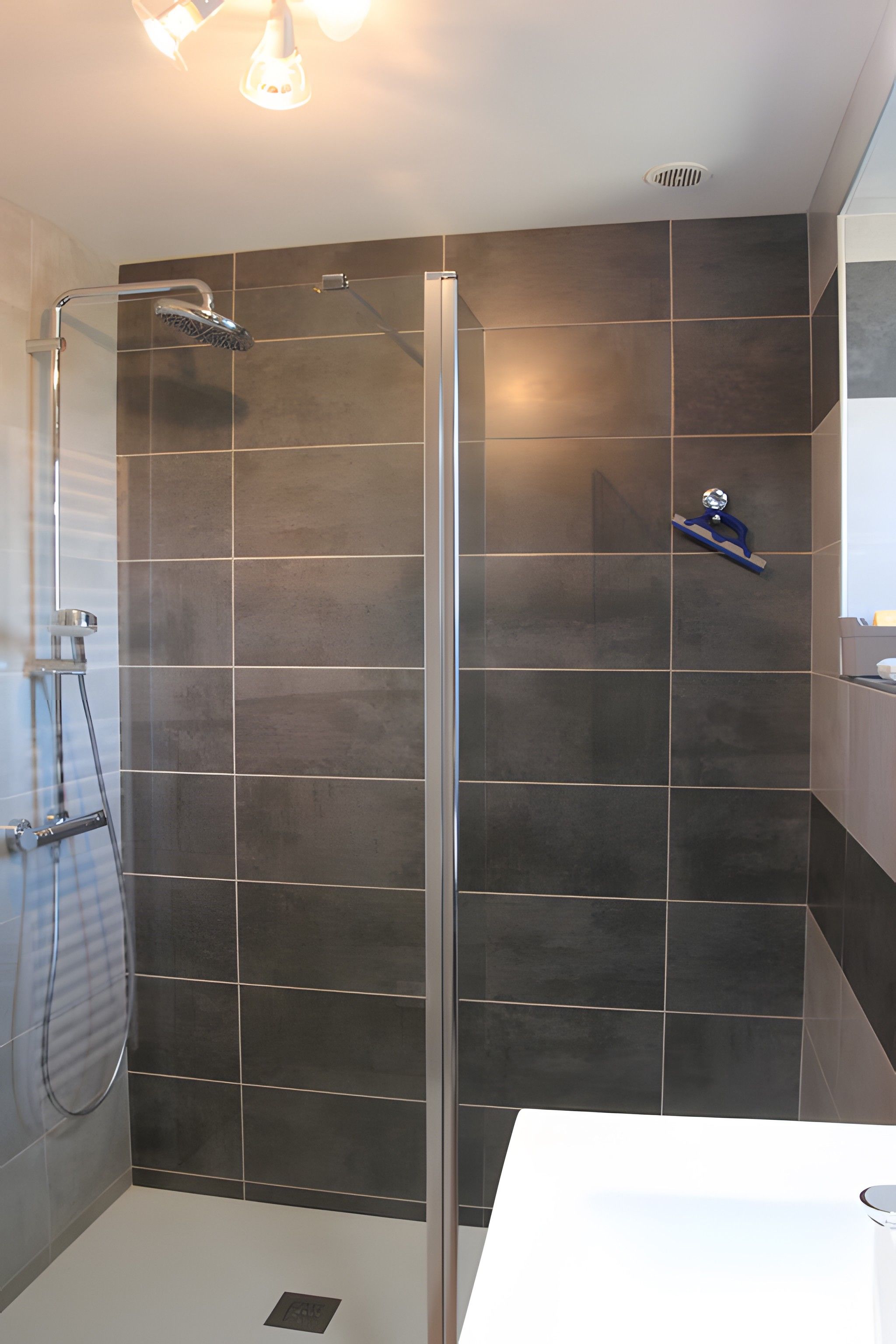 Een moderne badkamer met een glazen douchecabine, donkere betegelde wanden en een wit wastafelmeubel.