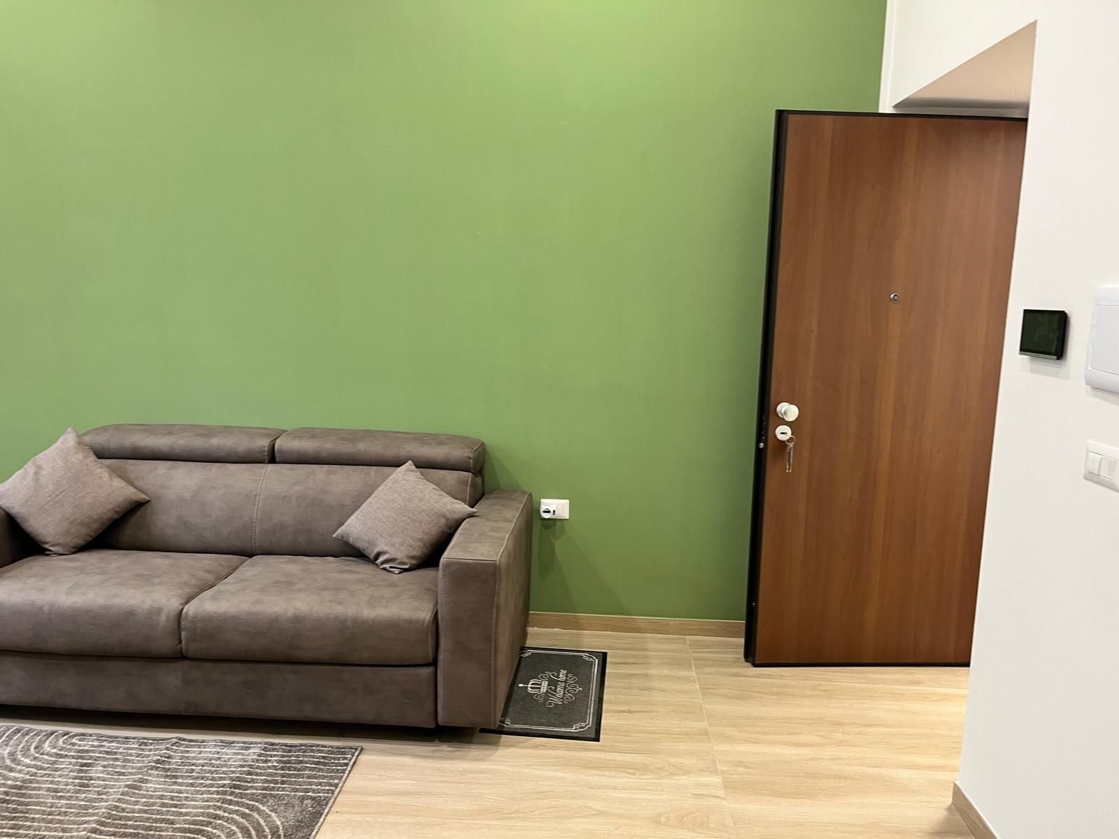 A room with a brown sofa, a green wall, a wooden door, and a light-colored floor.