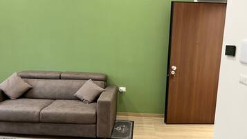 A room with a brown sofa, a green wall, a wooden door, and a light-colored floor.
