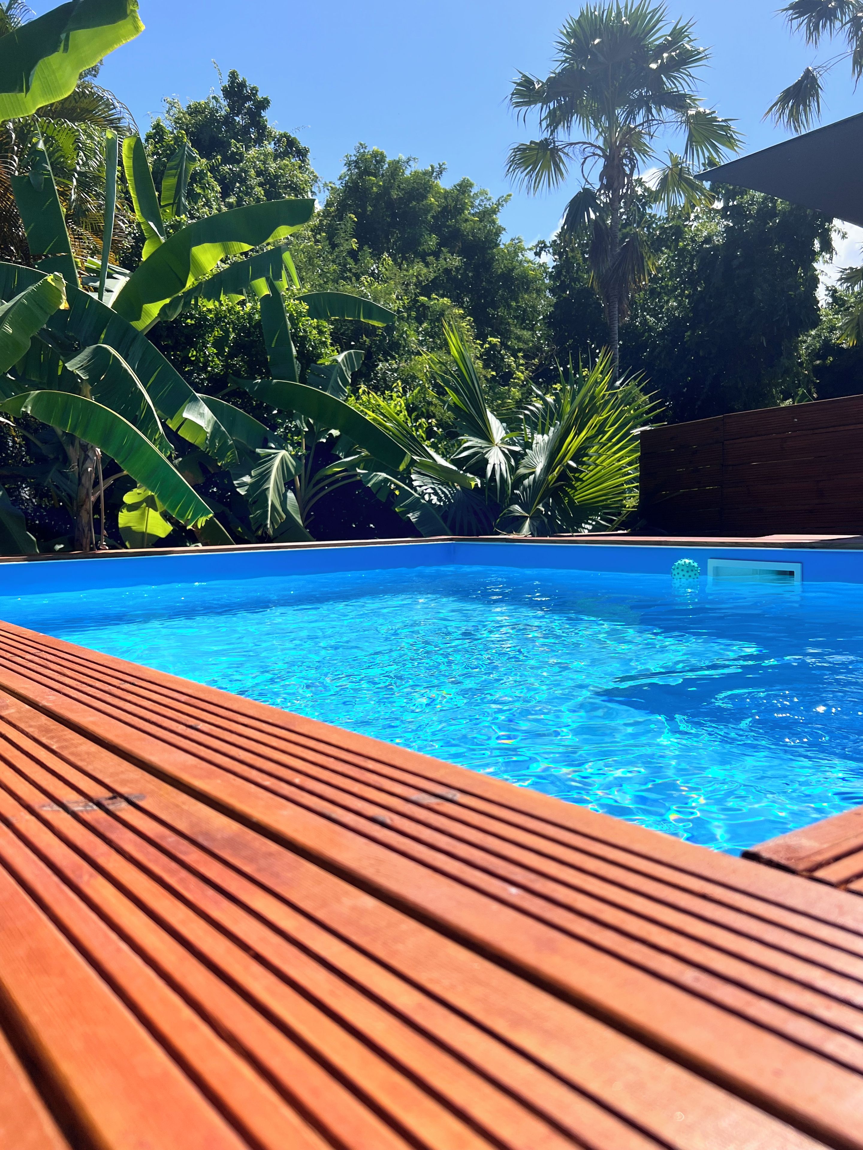 A swimming pool with a wooden deck in the foreground and lush greenery in the background.