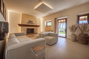 Ein modernes Wohnzimmer mit Kamin, Sofas und Blick ins Freie.