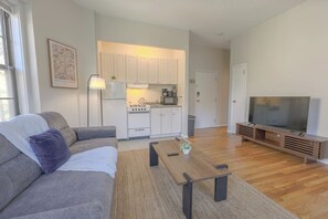 A modern living room with a sofa, a coffee table, and a TV stand. - Expansive South End Studio (Boston)