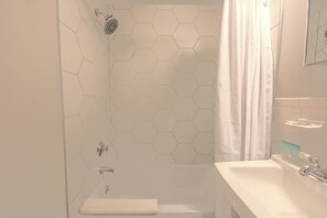 A bathroom with a shower, a toilet, and a sink. - Expansive South End Studio (Boston)