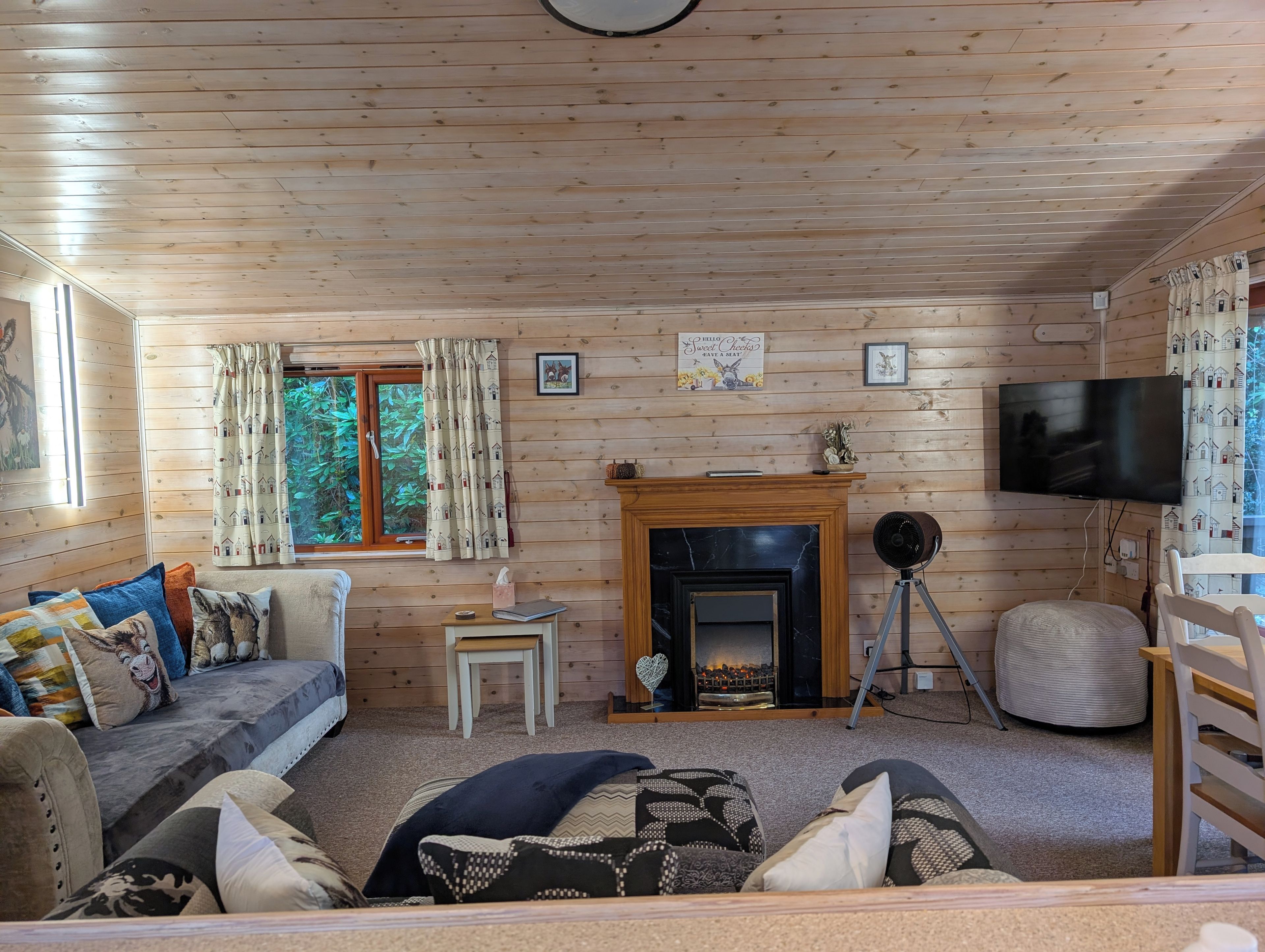 A cozy cabin interior with a wooden floor, a sofa with patterned cushions, a fireplace, a television, and a window with curtains.