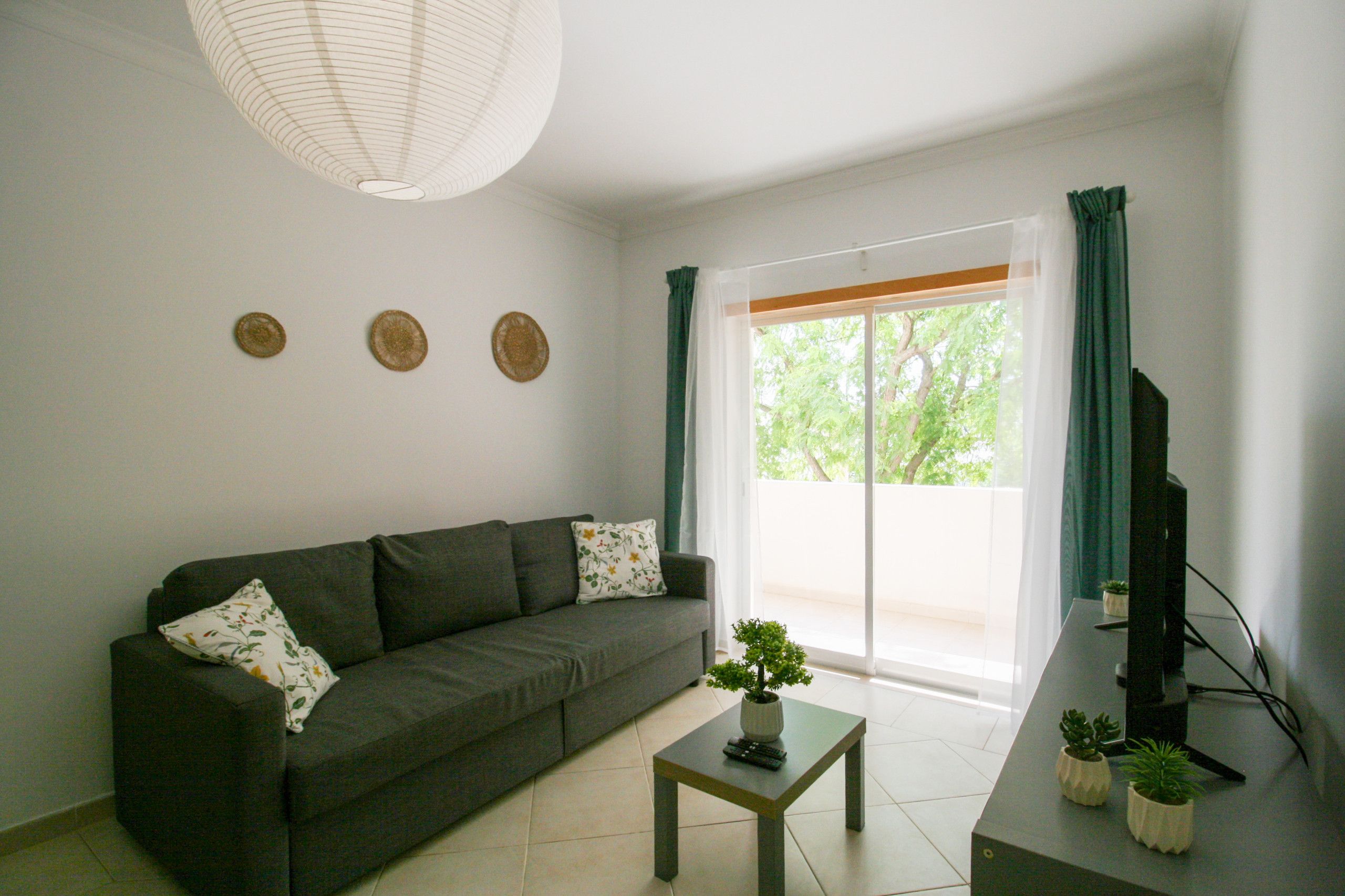 A living room with a sofa, a coffee table with a plant, a television, and a window with curtains.