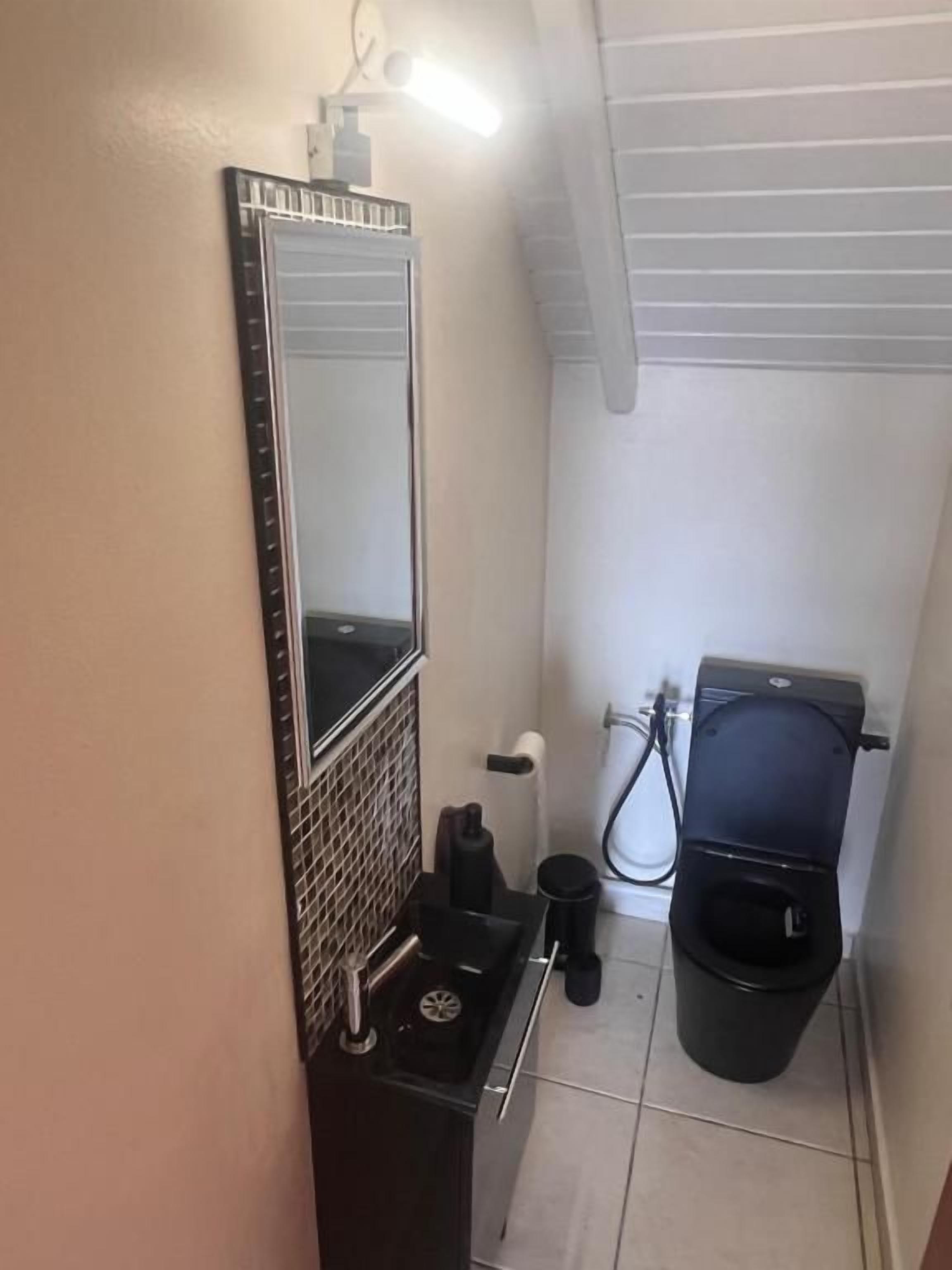 A small bathroom with a mirror, a toilet, and a sink.