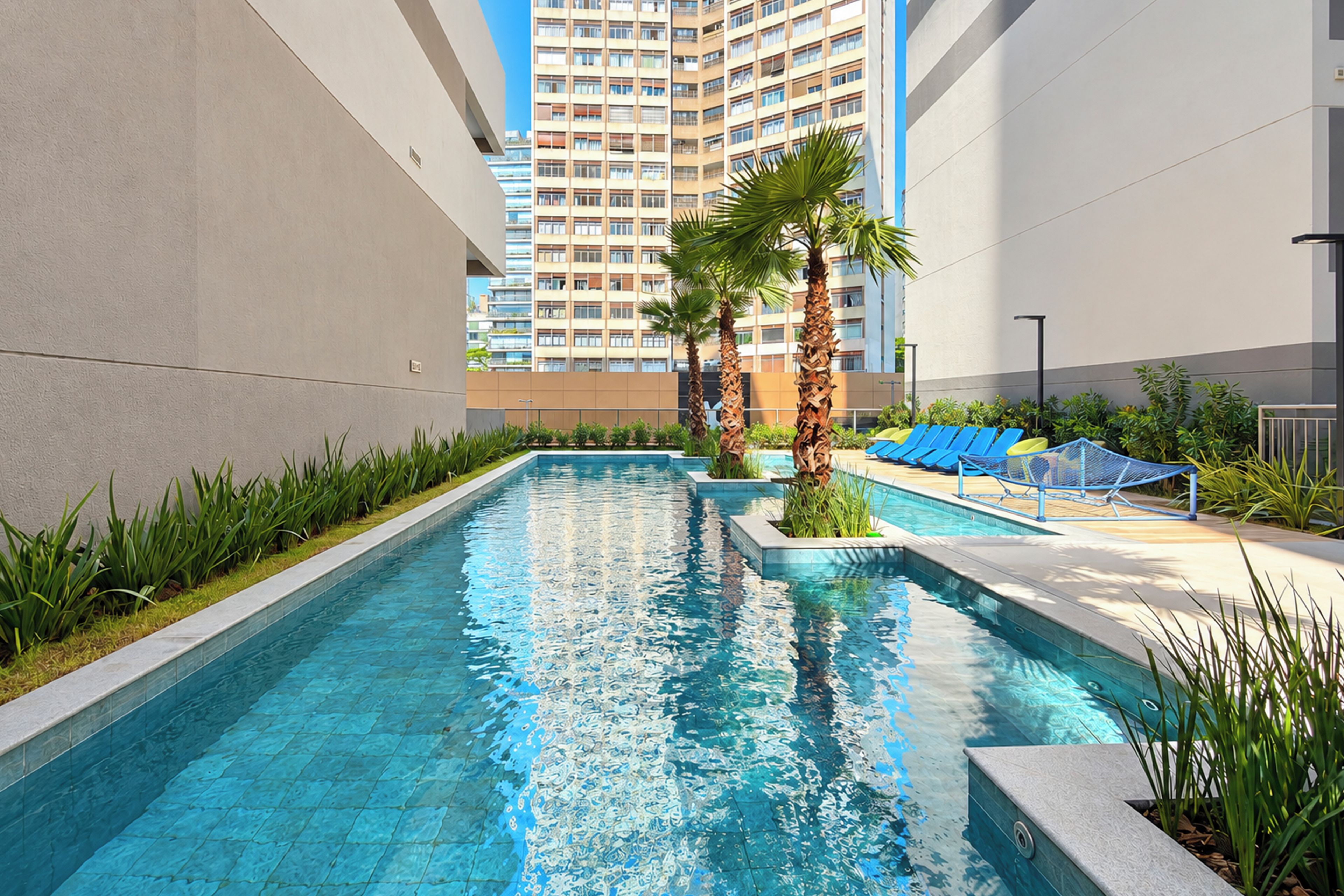 A swimming pool with lounge chairs and palm trees, surrounded by a high-rise building.
