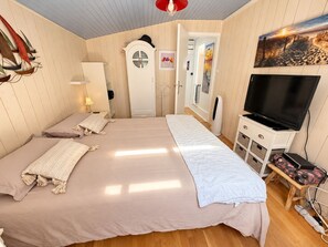 Un dormitorio con cama, televisor y armario.