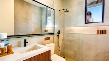A modern bathroom with a glass shower enclosure, a white sink, and a toilet.