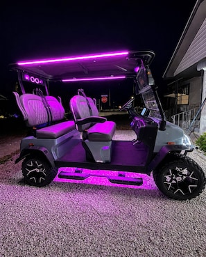 Un véhicule de golf équipé d’éclairage LED violet sur les sièges et sous le châssis.