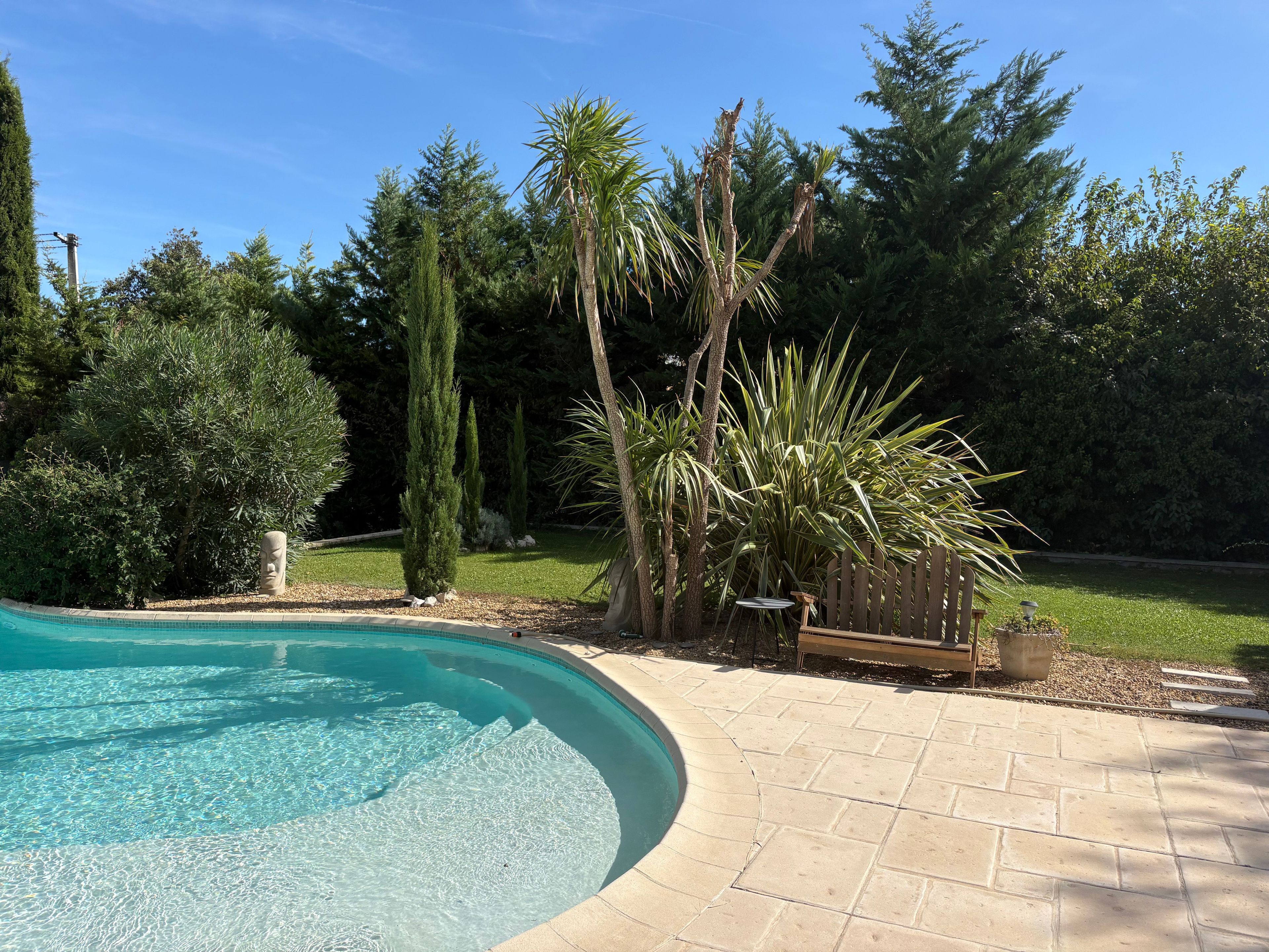 A swimming pool with a curved edge, surrounded by a paved patio and various trees.