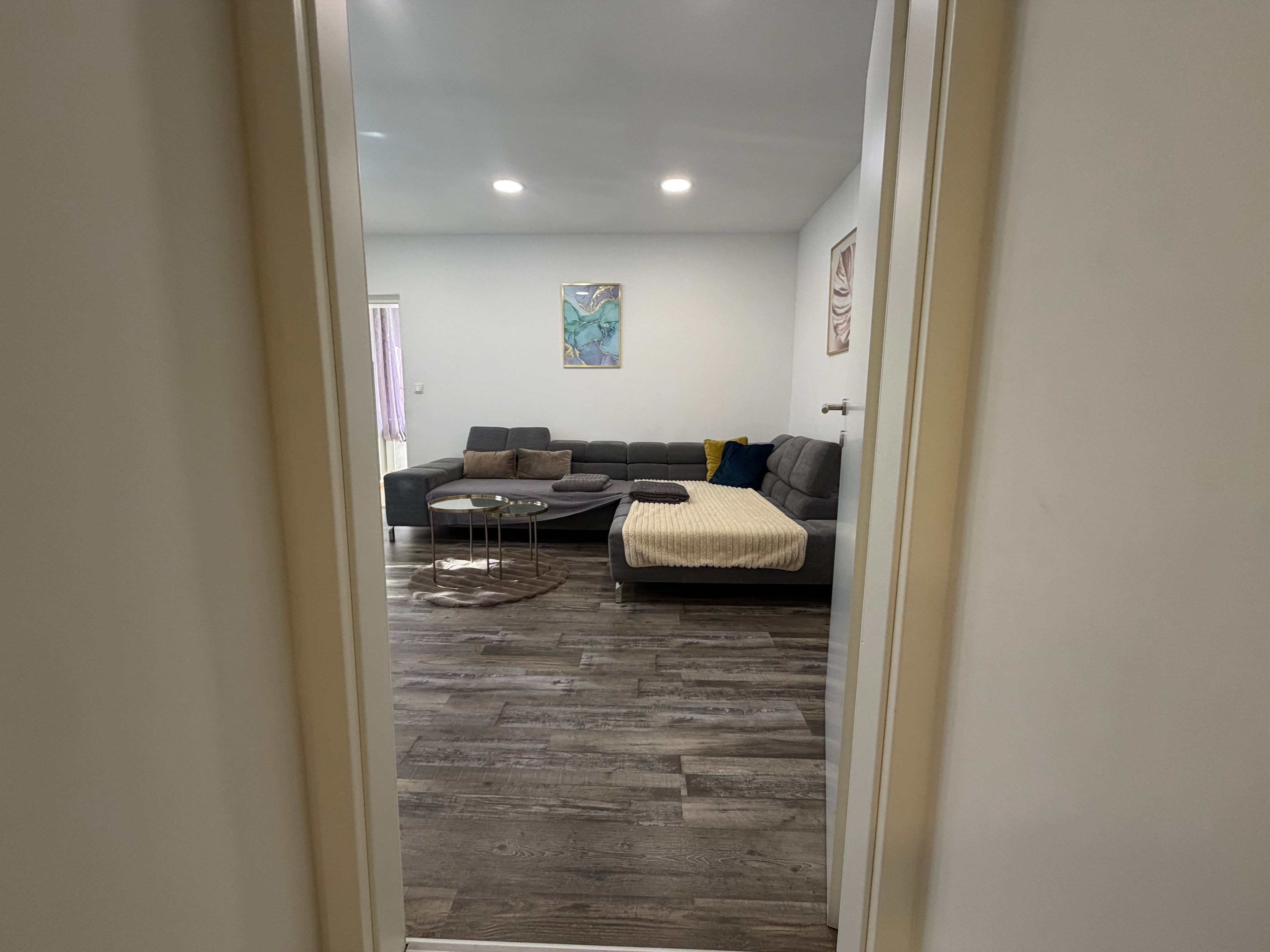 A modern living room with a sectional sofa, a coffee table, and a rug.