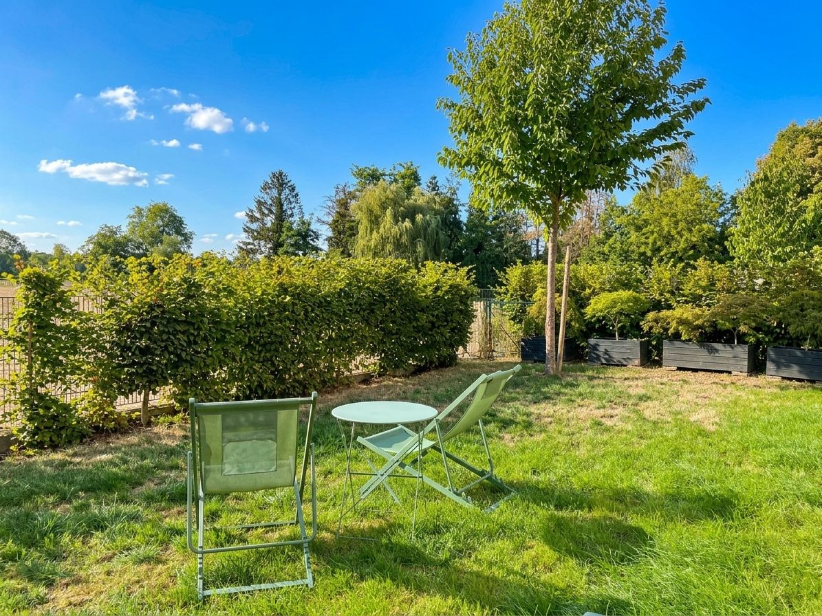 Un ensemble de table et de chaises en métal vert est installé sur une pelouse verdoyante, avec un arbre et des buissons en arrière-plan.