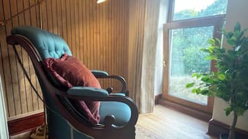 A room with a wooden paneled wall, a blue upholstered chair with a cushion, a floor lamp, a large window with a view of greenery, and a potted plant.