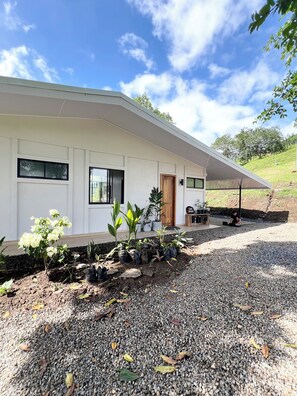 Une maison moderne avec un toit plat, une véranda et une allée gravillonnée.