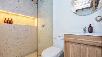 A modern bathroom with a glass shower enclosure, a white toilet, a wooden vanity, and a mirror above the sink.
