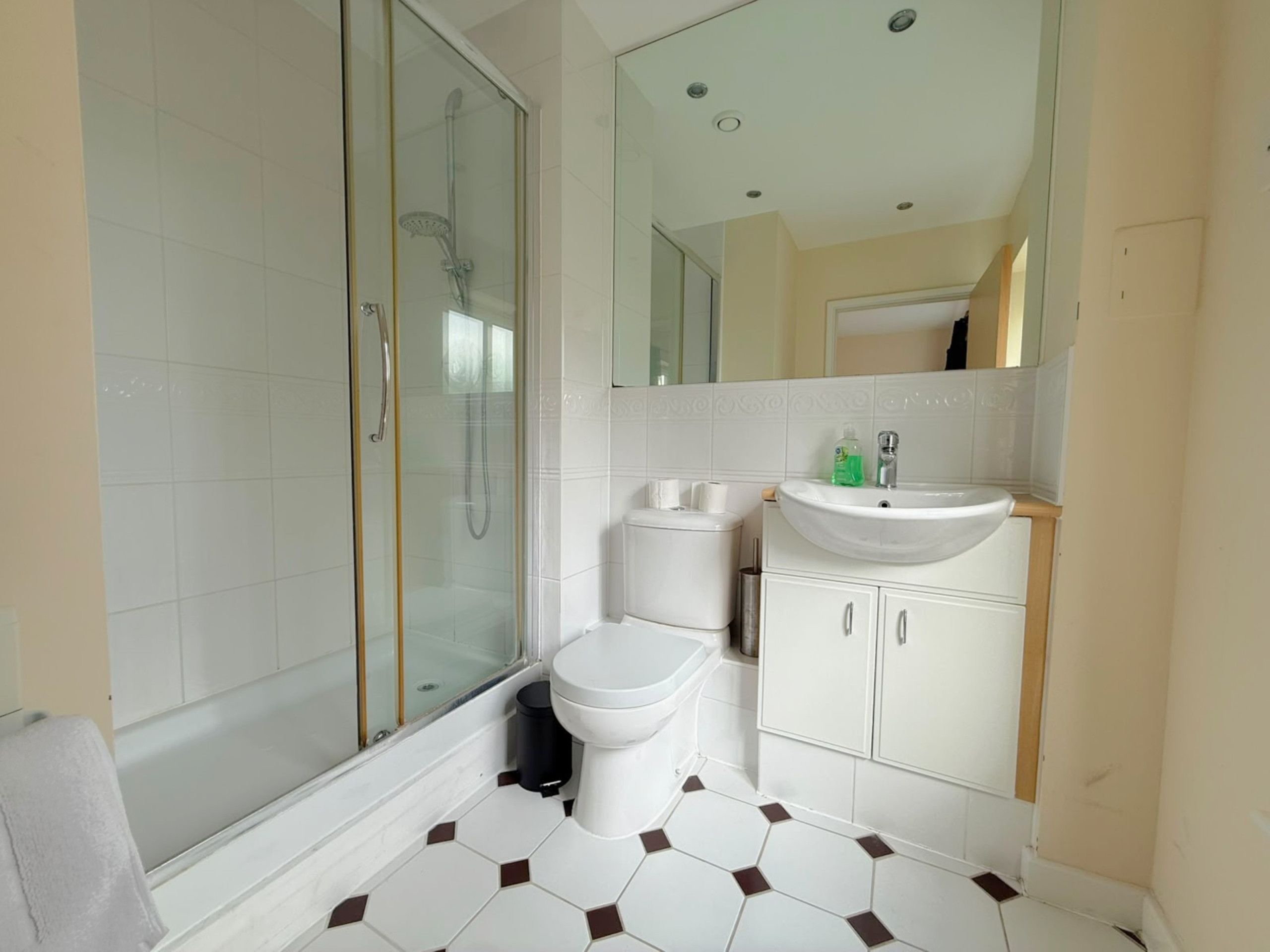 A bathroom with a glass-enclosed shower, a toilet, a sink, and a mirror.