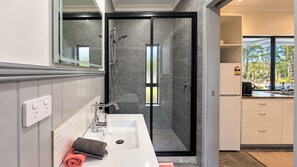 A modern bathroom with a shower, a sink, and a mirror.