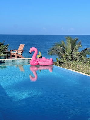 A clear blue pool with a pink flamingo float, a wooden lounge chair, and a palm tree.