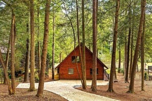 A cabin surrounded by tall trees, with a clear path leading to it. - Riverfront A-Frame | Hot Tub + Fireplace (Ellijay)