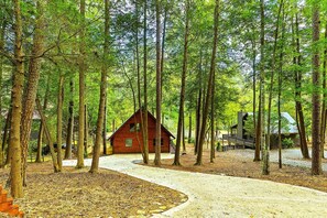 A cabin surrounded by tall trees with a gravel path leading to it. - Riverfront A-Frame | Hot Tub + Fireplace (Ellijay)