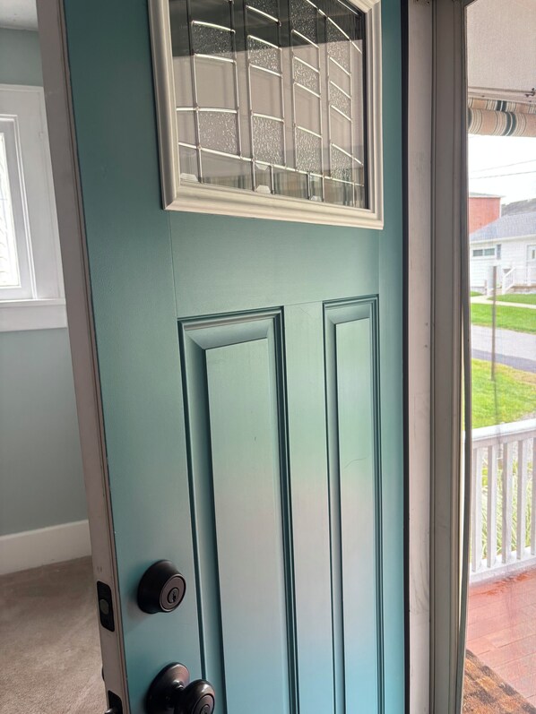 A teal-colored door with a window above it, a set of two black door handles, and a view of a residential area outside.