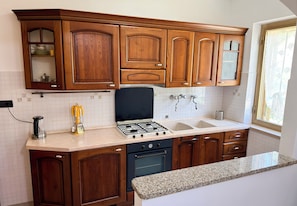 Cozinha com armários de madeira, fogão a gás, lava-louças e janela com vista.