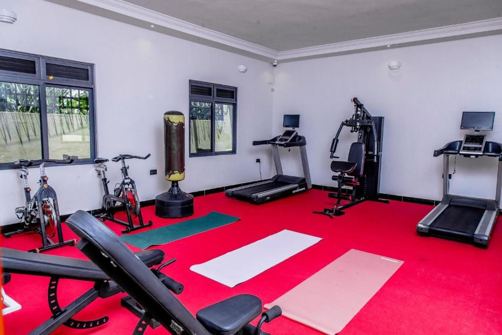 Un gimnasio con diferentes equipos de ejercicio, como cintas de correr, un saco de boxeo y máquinas de pesas.
