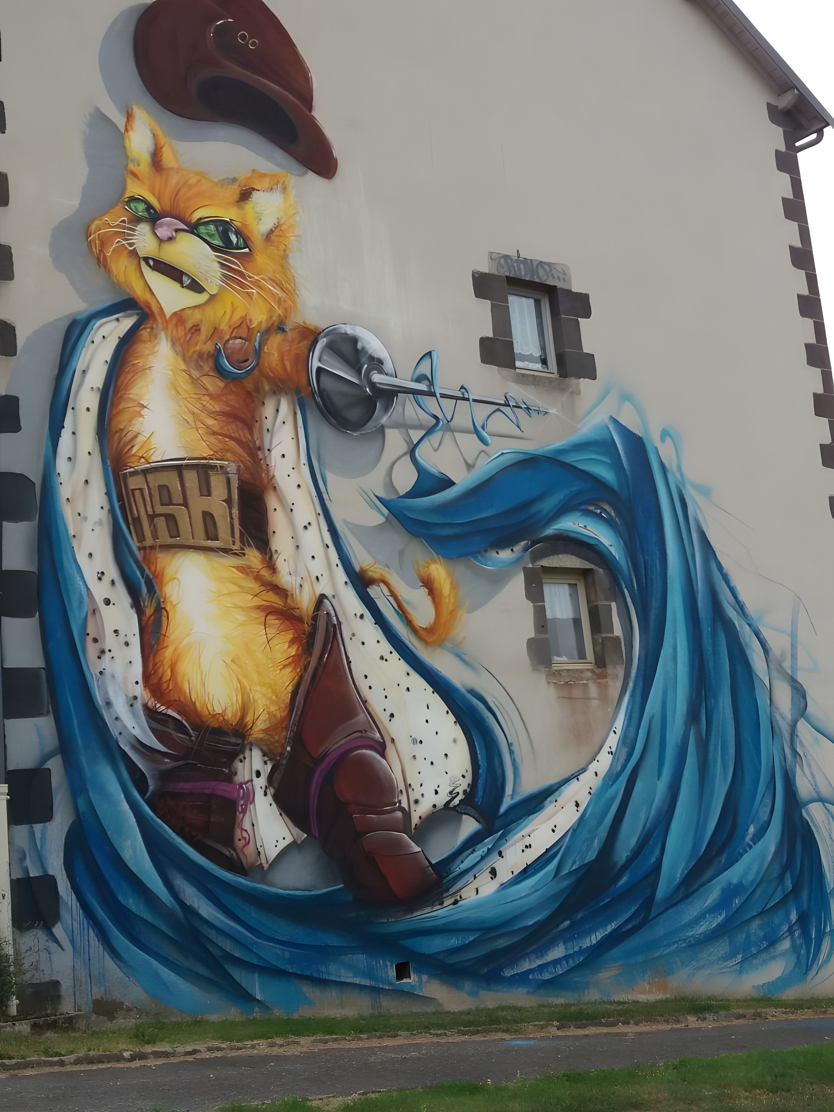 A mural of a stylized cat wearing sunglasses and a watch, with a blue wave pattern in the background.