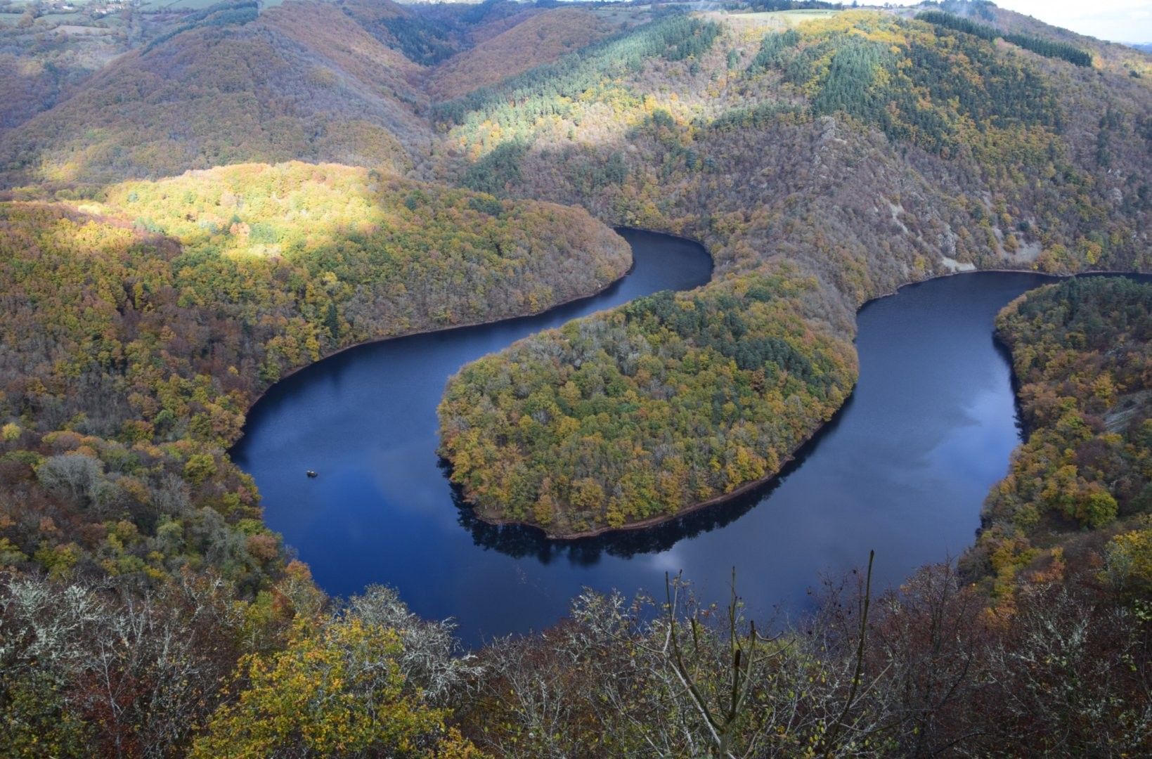 A river winding through a forested valley with a small island in the center.