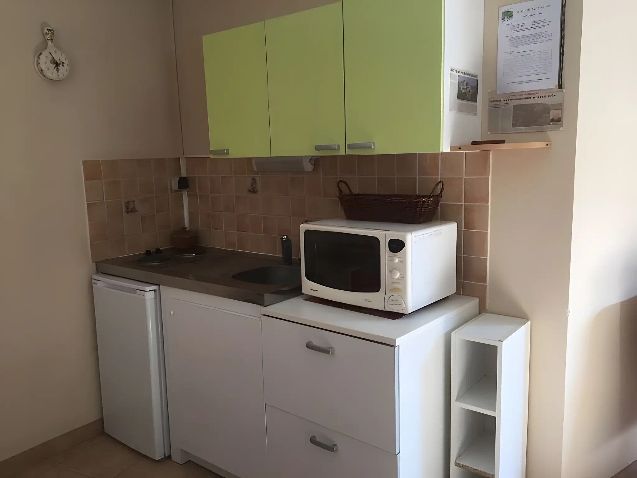 Cozinha compacta com micro-ondas, mini-geladeira e armários verdes.