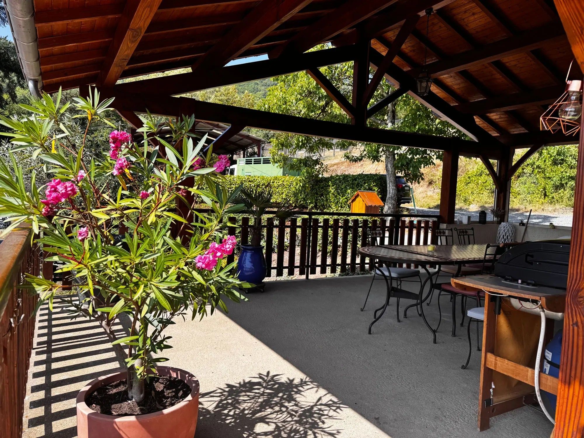 Een terras buiten met een houten pergola, een tafel met stoelen, een barbecue en een potplant met roze bloemen.