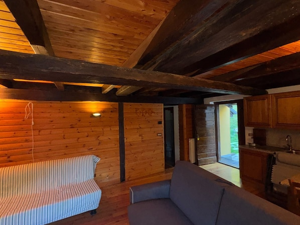 Ein gemütliches Zimmer mit Holzwänden und -decke, einem gestreiften Sofa, einem grauen Sofa und einer Küchenzeile mit Schränken und Spüle.