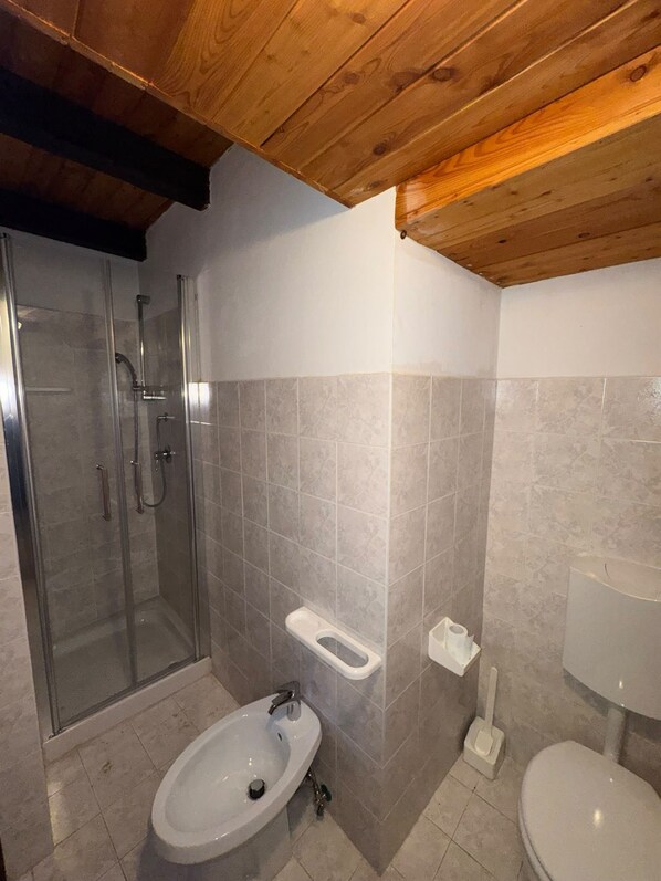 Et badeværelse med brusekabine i glas, en hvid vask og et toilet.