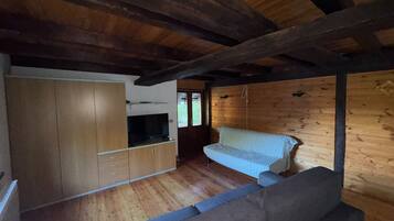 A compact room with a wooden ceiling, a sofa, a television, and a wooden wardrobe.
