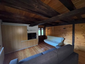 Habitació compacta amb sostre de fusta, un sofà, una televisió i un armari de fusta.