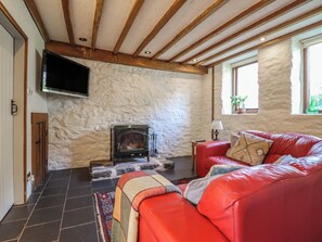 A cozy living room with a fireplace, a red leather sofa, and a television mounted on the wall. - Pandy Farmhouse (Dolgellau)