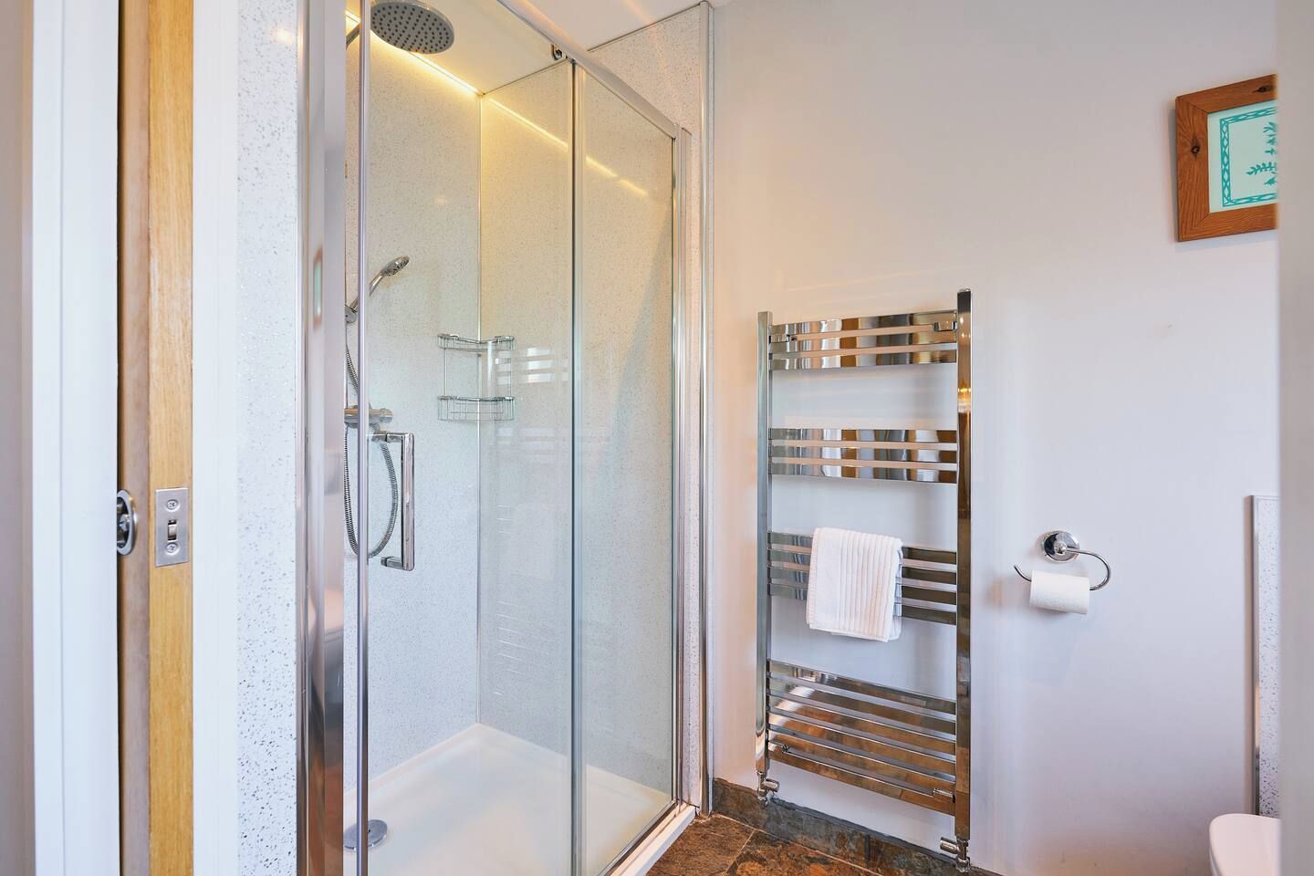 Une salle de bain moderne avec une douche à parois de verre, un porte-serviettes et des toilettes.