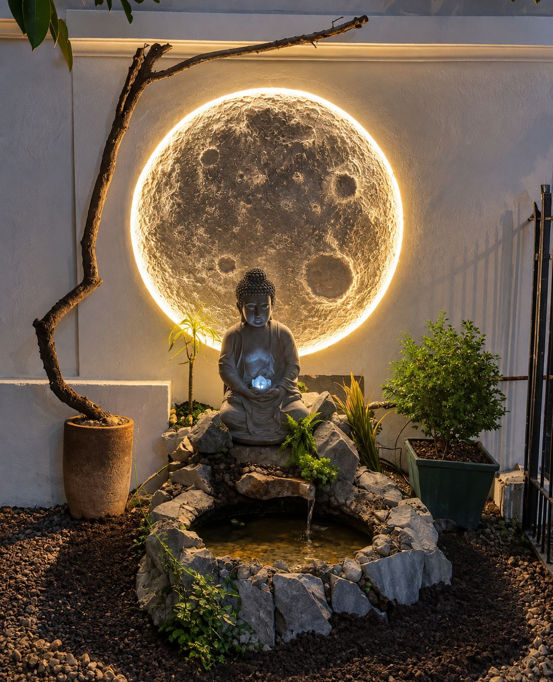 A Buddha statue in a garden with a moon-like light installation behind it.