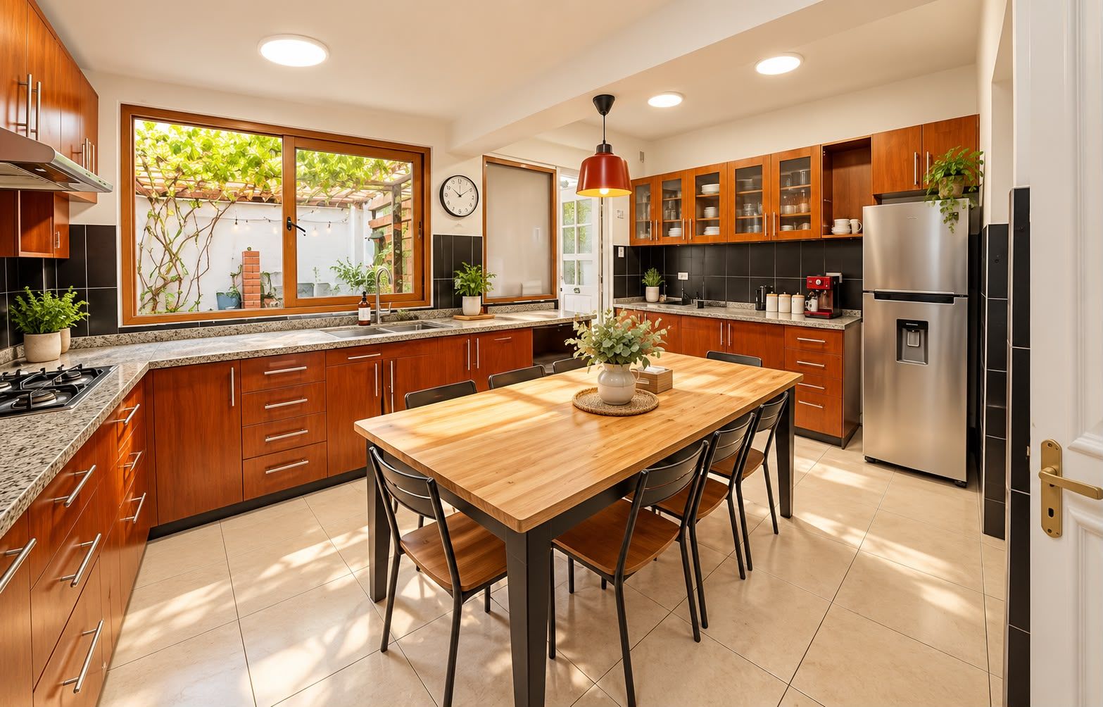 A modern kitchen with wooden cabinets, a stainless steel refrigerator, and a dining table with chairs.