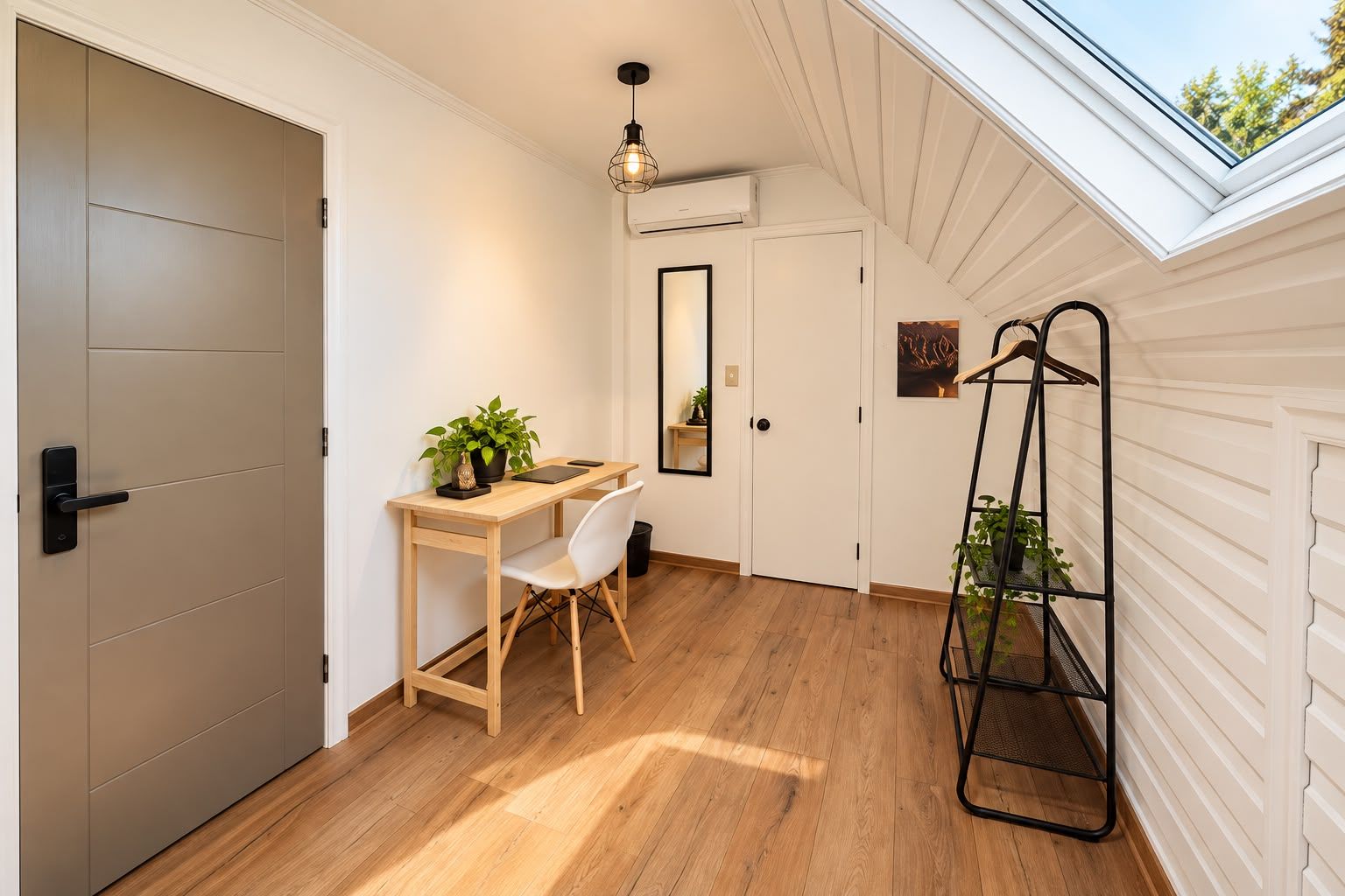 Una habitación con escritorio, silla y planta.